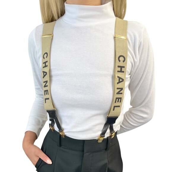 CHANEL Vintage 1994 CC Logo Letter Suspender Belt Beige Black Cotton [106432] - Picture 1 of 10
